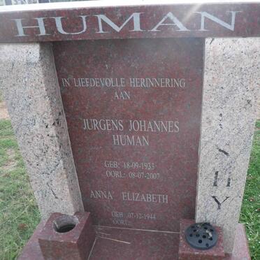 HUMAN Jurgens Johannes 1933-2007 &amp; Anna Elizabeth 1944-
