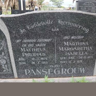 PANSEGROUW Mattheus Philippus 1876-1953 &amp; Marthina Margaretha Isabella RAS 1878-1971