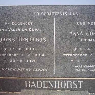 BADENHORST Lourens Hendrikus 1903-1970 &amp; Anna Johanna PIENAAR 1906-1990