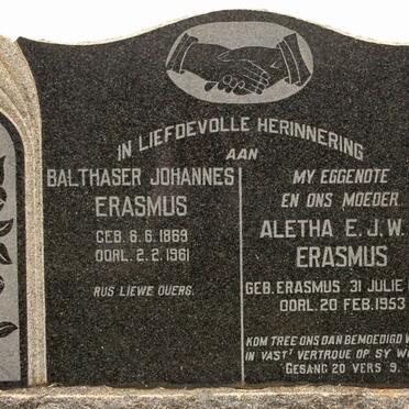 ERASMUS Balthaser Johannes 1869-1961 &amp; Aletha E.J.W.P. ERASMUS 1878-1953