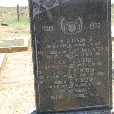 VENTER G.H. 1872-1901 ::  VENTER Elsie M.E. 1899-1901 ::  VENTER F.J. 1875-1901 :: VENTER T.N. 1882-1902 :: NEZAR C.T. 1875-1900
