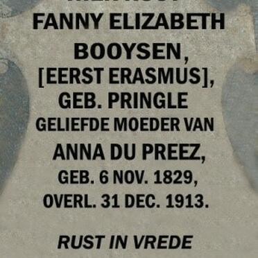 BOOYSEN Fanny Elizabeth voorheen ERASMUS nee PRINGLE 1829-1913