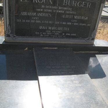 BURGER Albert Myburgh 1906-1967 &amp; Anna Margaretha formerly le ROUX nee PIETERSE 1920-2000