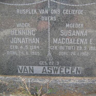 ASWEGEN Henning Jonathan, van 1884-1965 &amp; Susanna Magdalena E. du TOIT 1885-1962