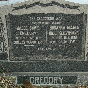 GREGORY Jacob Davis 1870-1949 &amp; Susanna Maria KLEYNHANS 1885-1957