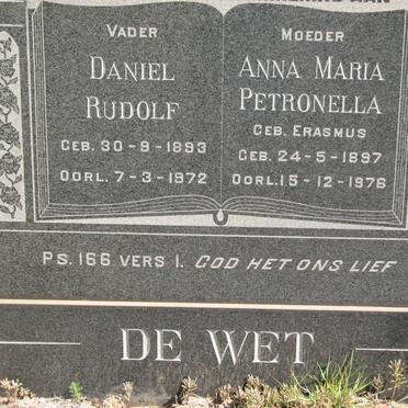 WET Daniel Rudolf, de 1893-1972 &amp; Anna Maria Petronella ERASMUS 1897-1976