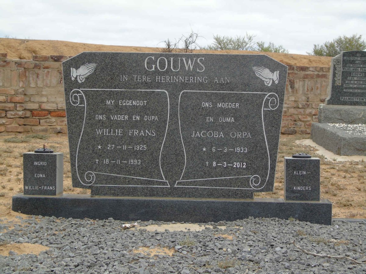 GOUWS Willie Frans 1925-1993 & Jacoba Orpa 1933-2012