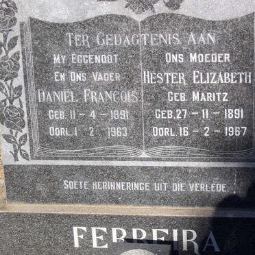 FERREIRA Daniel Francois 1891-1963 &amp; Hester Elizabeth MARITZ 1891-1967