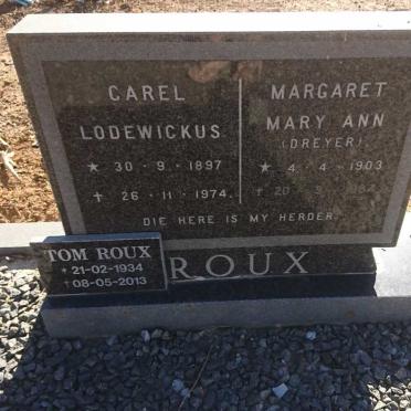 ROUX Carel Lodewikus 1897-1974 &amp; Margaret Mary Ann DREYER 1903-1984 :: ROUX Tom 1934-2013