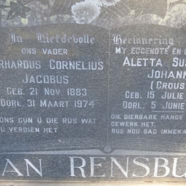 RENSBURG Gerhardus Cornelius Jacobus, van 1883-1974 &amp; Aletta Susanna Johanna CROUS 1883-1965