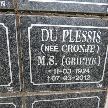 PLESSIS M.S., du nee CRONJE 1924-2012