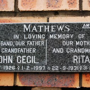 MATHEWS John Cecil 1926-1997 &amp; Rita 1931-2008