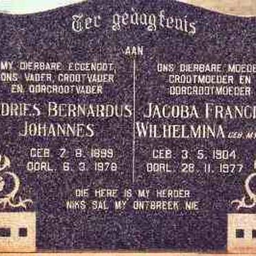 JAARSVELD Andries Bernardus Johannes, van 1899-1978 &amp; Jacoba Francina Wilhelmina MYBURGH 1904-1977