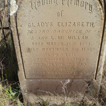 McMILLAN Gladys Elizabeth 1888-1888 :: McMILLAN Katie 1894-1895 :: McMILLAN Alice 1898-1899