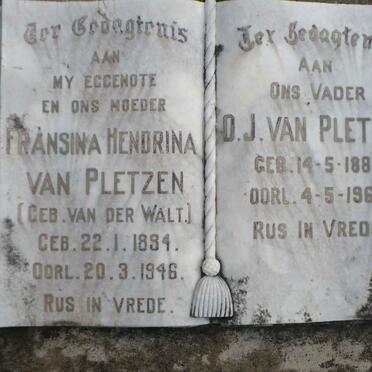 PLETZEN D.J., van 1886-1965 &amp; Fransina Hendrina VAN DER WALT 1894-1946