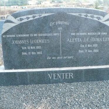 VENTER Johannes Lodewicus 1903-1953 &amp; Aletta J.C. 1909-2002