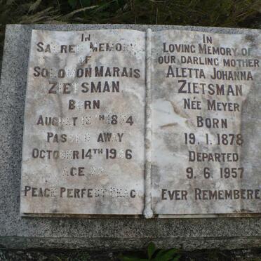 ZIETSMAN Soloman Marais 1874-1946 &amp; Aletta Johanna MEYER 1878-1957
