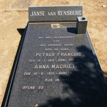 RENSBURG Petrus Francois, Janse van 1912-1987 &amp; Anna Magrietha 1915-1992