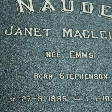 NAUDE Janet Macleish formerly EMMS nee STEPHENSON 1895-1973