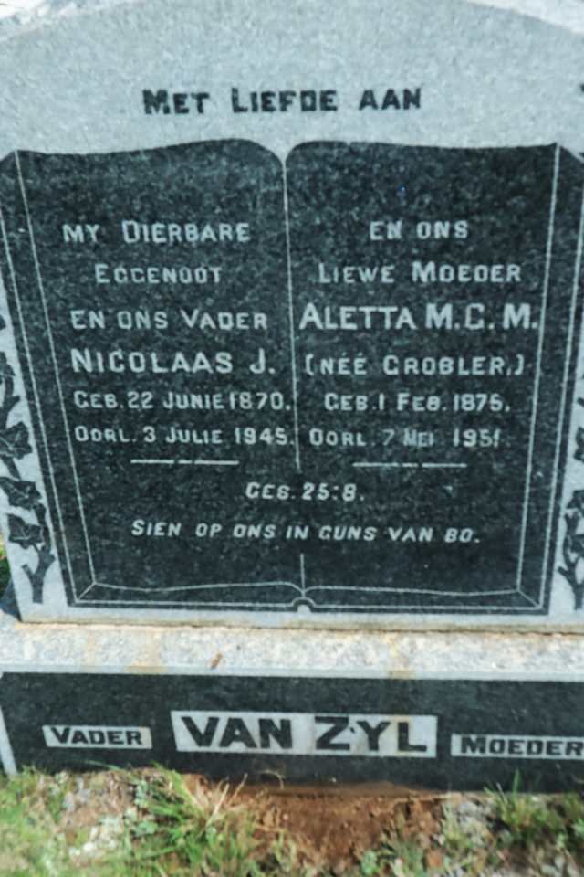 ZYL Nicolaas J., van 1870-1945 &amp; Aletta M.G.M. GROBLER 1875-1951