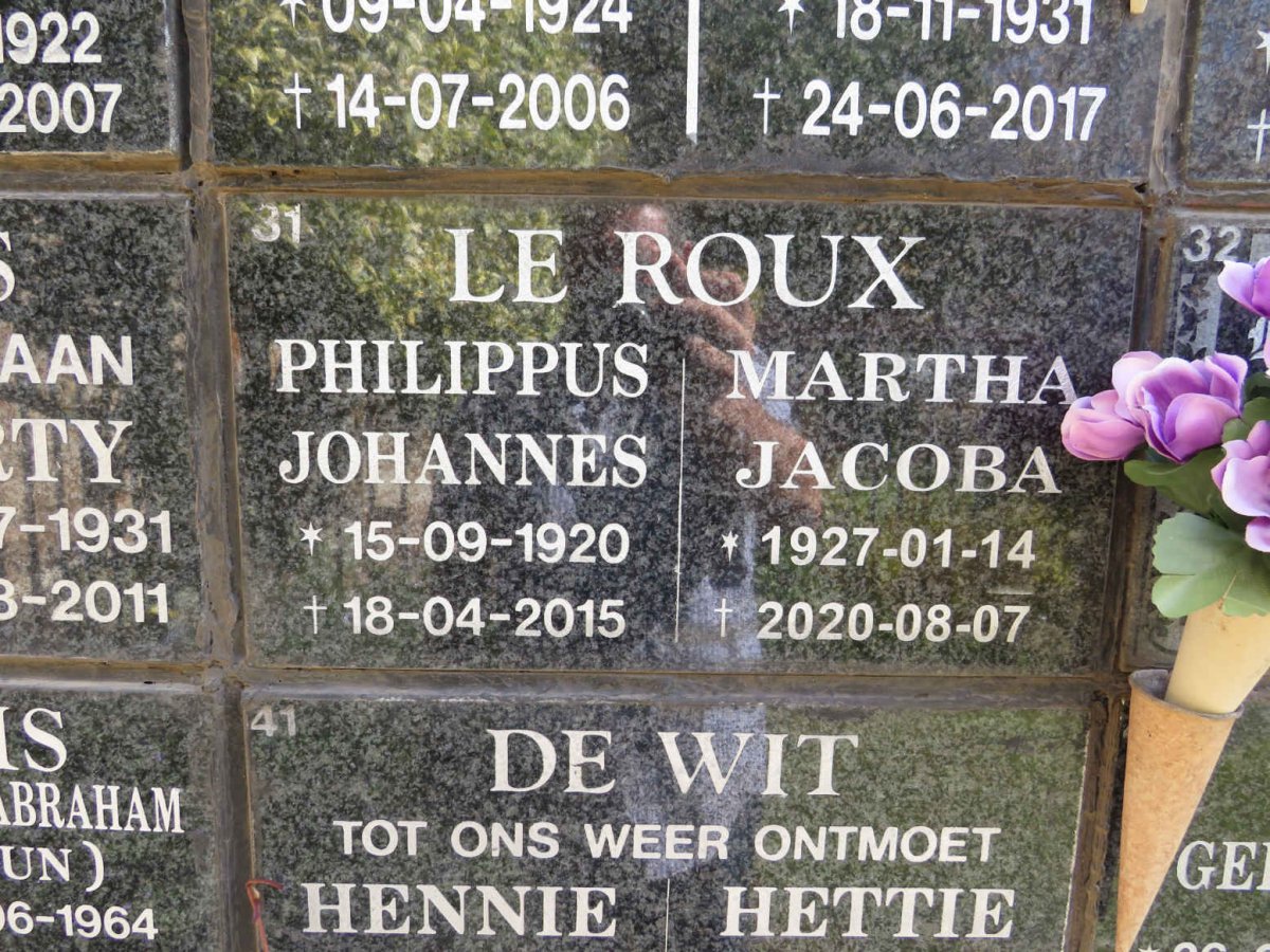 ROUX Philippus Johannes, le 1920-2015 &amp; Martha Jacoba 1927-2020