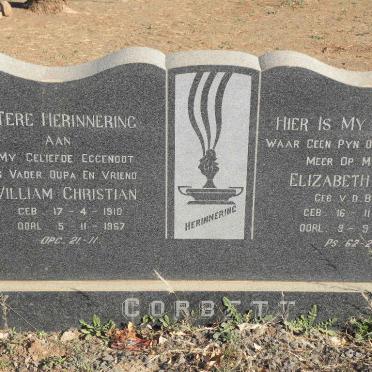 CORBETT William Christian 1910-1967 &amp; Elizabeth Maria V.D.BERG 1919-1977