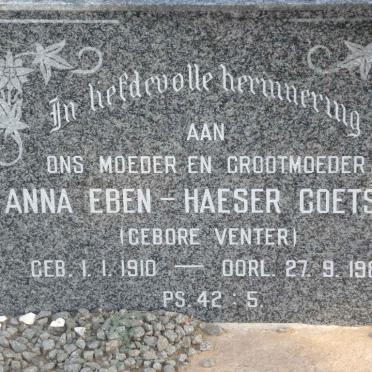 COETSEE Anna Eben-Haeser nee VENTER 1910-1989