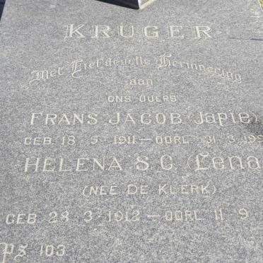 KRUGER Frans Jacob 1911-1995 &amp; Helena S.C.DE KLERK 1912-1994