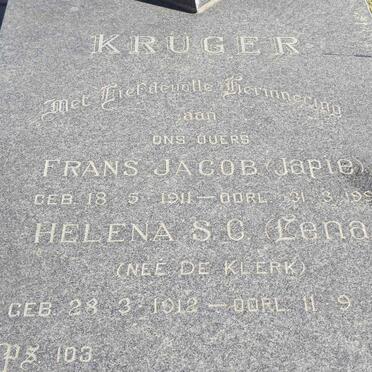 KRUGER Frans Jacob 1911-1995 &amp; Helena S.C.DE KLERK 1912-1994