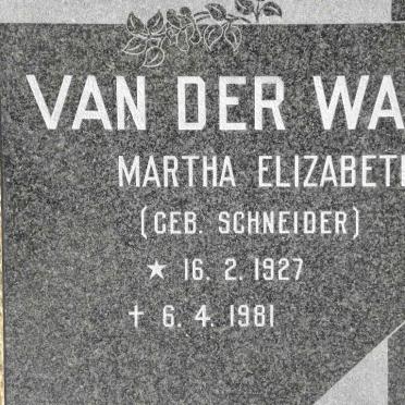 WALT Martha Elizabeth, v.d nee SCHNEIDER 1927-1981