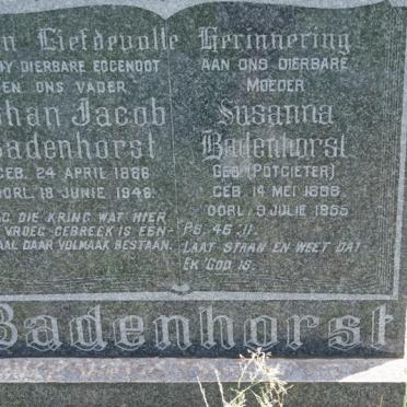 BADENHORST Johan Jacob 1886-1946 &amp; Susanna POTGIETER 1868-1955