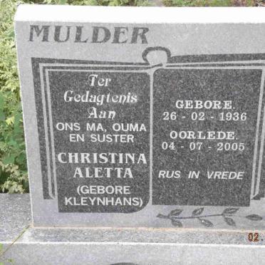 MULDER Christina Aletta nee KLEYNHANS 1936-2005