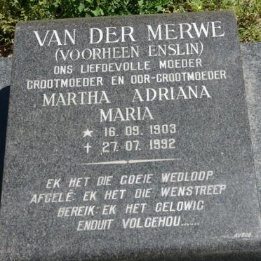 MERWE Martha Adriana, van der voorheen ENSLIN 1903-1992