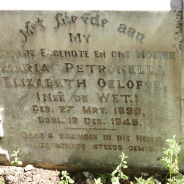 OELOFSE Maria Petronella Elizabeth nee DE WET 1890-1945