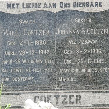 COETZER Will 1880-1942 &amp; Johanna S. ALDRICH 1886-1949