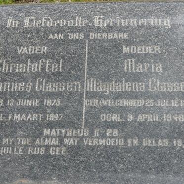 CLASSEN Christoffel Johannes 1875-1947 &amp; Maria Magdalena WELGEMOED 1873-1948