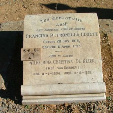 CLOETE Francina Petronella 1915-1935 :: DE KLERK Wilhelmina Christina nee VAN HEERDEN 1884-1952