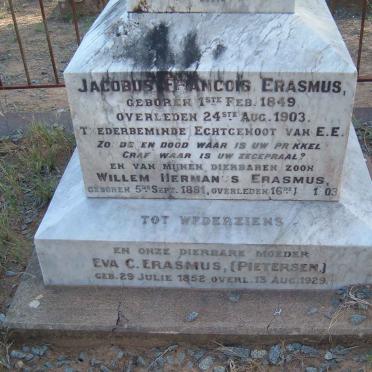 ERASMUS Jacobus Francois 1849-1903 &amp; Eva C. PIETERSEN 1852-1929 :: ERASMUS Willem Hermanus 1881-1903