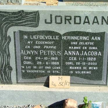 JORDAAN Alwyn Petrus 1919-1969 &amp; Anna Jacoba 1928-2000