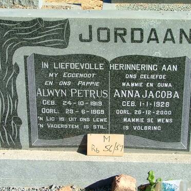 JORDAAN Alwyn Petrus 1919-1969 &amp; Anna Jacoba 1928-2000