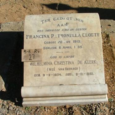 KLERK Wilhelmina Christina, de nee VAN HEERDEN 1884-1952 :: CLOETE Francina Petronella 1915-1935