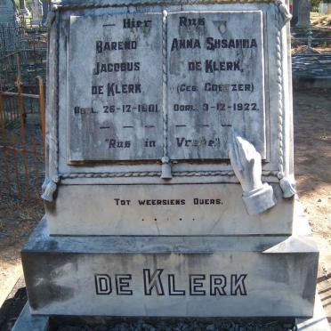 KLERK Barend Jacobus, de -1901 &amp; Anna Susanna COETZER -1922