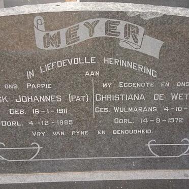 MEYER Frederick Johannes 1911-1985 &amp; Christiana de Wet WOLMARANS 1915-1972