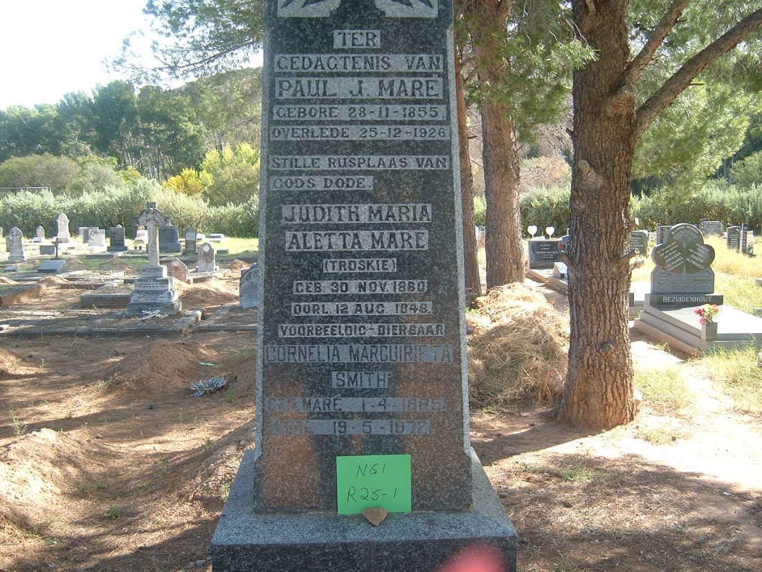 MARÉ Paul J. 1855-1926 &amp; Judith Maria Aletta TROSKIE 1880-1948 :: SMITH Cornelia Marguirieta nee MARÉ 1885-1972