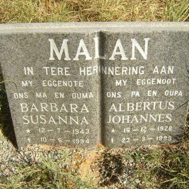 MALAN Albertus Johannes 1928-1999 &amp; Barbara Susanna 1943-1994