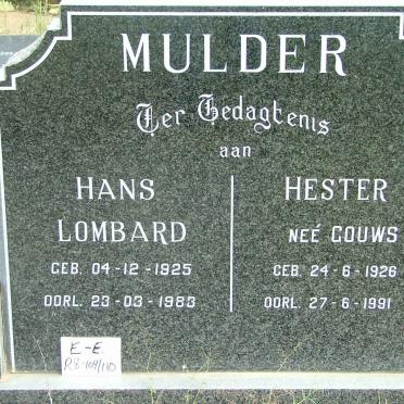 MULDER Hans Lombard 1925-1983 &amp; Hester GOUWS 1926-1991