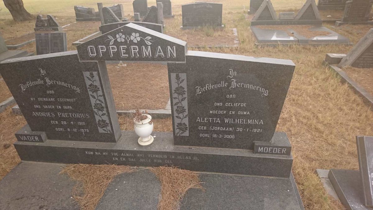 OPPERMAN Andries Pretorius 1918-1979 &amp; Aletta Wilhelmina JORDAAN 1921-2008