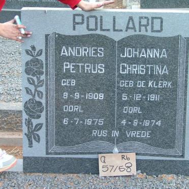 POLLARD Andries Petrus 1909-1975 &amp; Johanna Christina DE KLERK 1911-1974