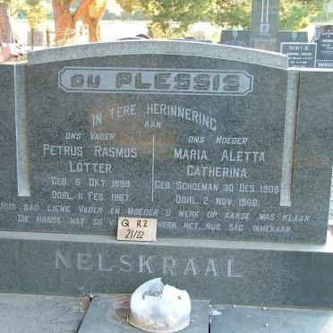 PLESSIS Petrus Rasmus Lötter, du 1899-1967 &amp; Maria Aletta Catherina SCHOEMAN 1908-1966