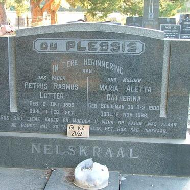 PLESSIS Petrus Rasmus Lötter, du 1899-1967 &amp; Maria Aletta Catherina SCHOEMAN 1908-1966